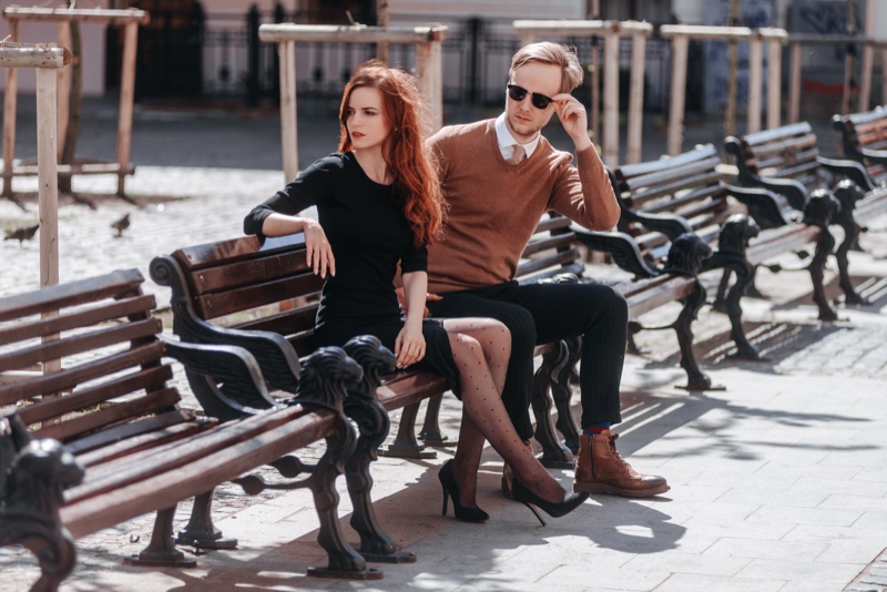 Couple Well Dressed Date Bench Black Dress Heels