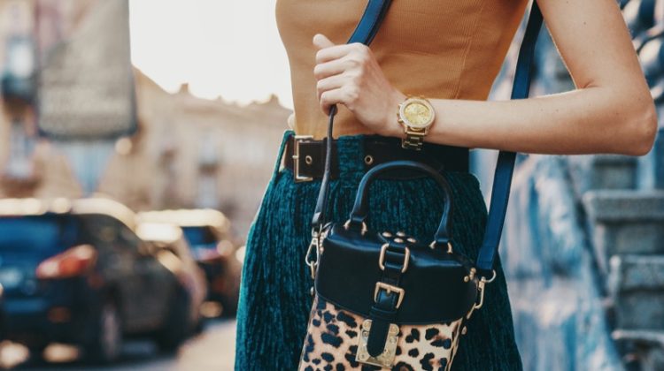 Cropped Model Gold Watch Leopard Print Bag