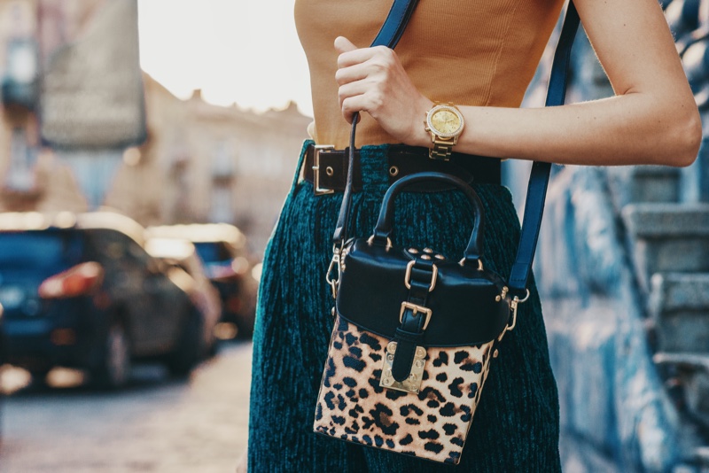 Cropped Model Gold Watch Leopard Print Bag