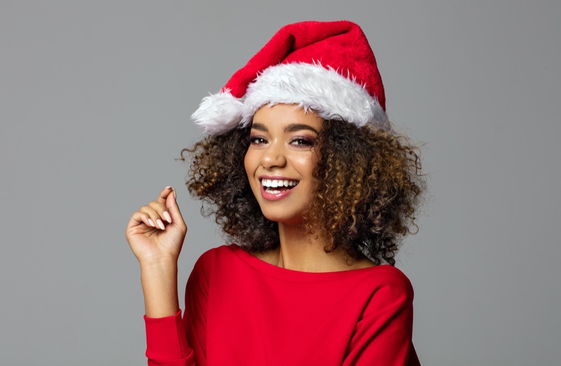 Happy Black Model Santa Hat Curly Hair