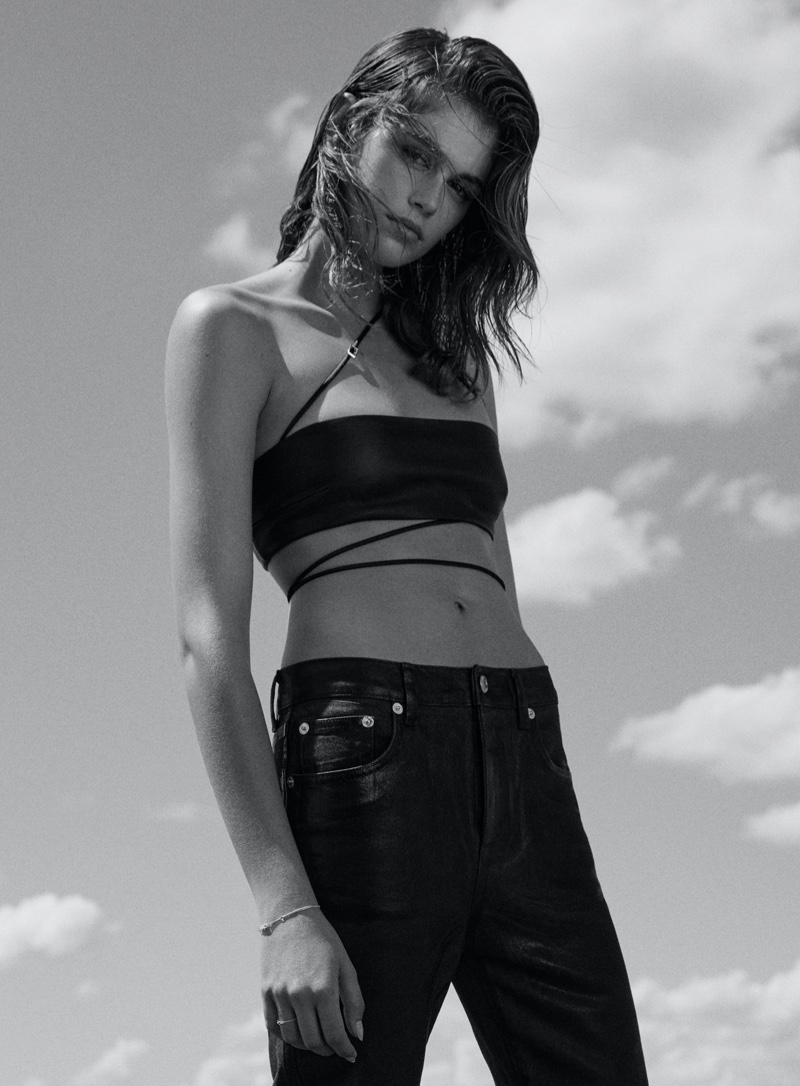 Kaia Zara Leather Crop Top Coated Jeans