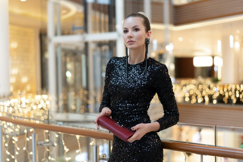 Model Sequin Dress Red Clutch Bag