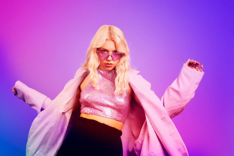 Shiny Crop Top Jacket Pink Sunglasses Retro Outfit