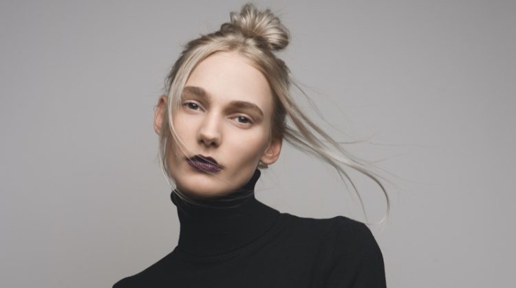 Updo Bun Matte Skin Dark Lipstick Turtleneck Makeup