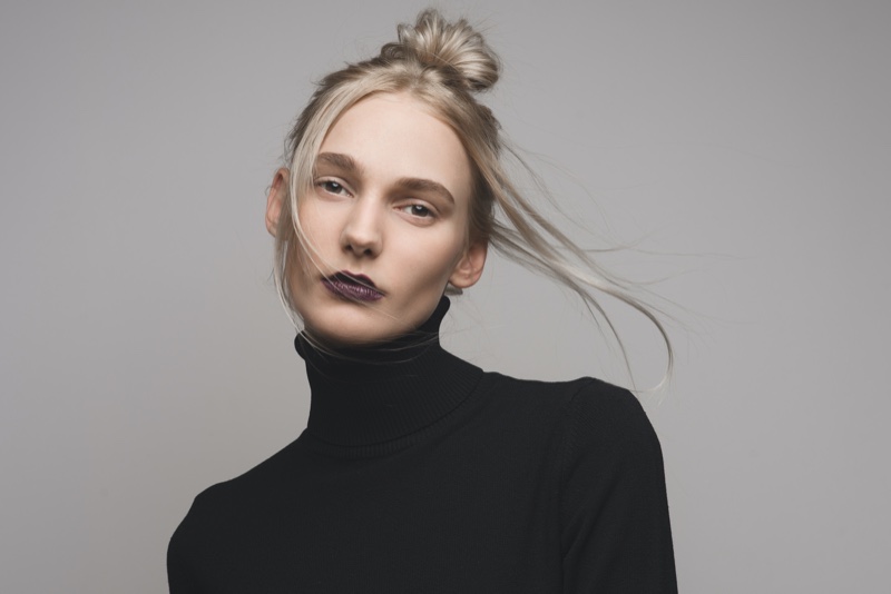 Updo Bun Matte Skin Dark Lipstick Turtleneck Makeup