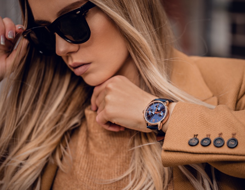 Woman Camel Coat Sunglasses Luxury Watch