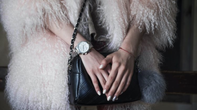 Woman Faux Fur Coat Silver Watch Bag