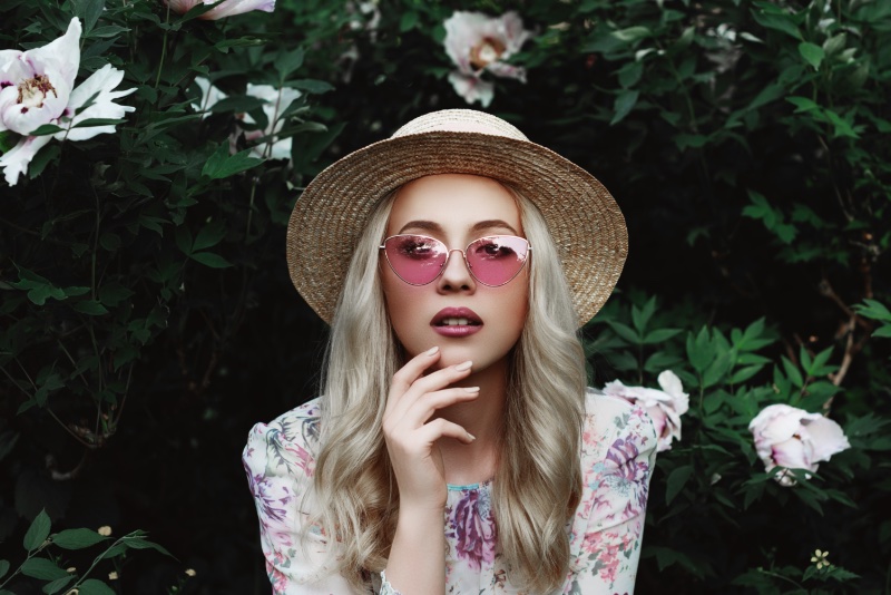 Woman Floral Dress Hat Sunglasses Tight Crop