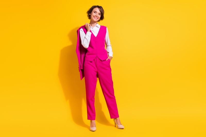 Woman Pink Pantsuit Vest Outfit