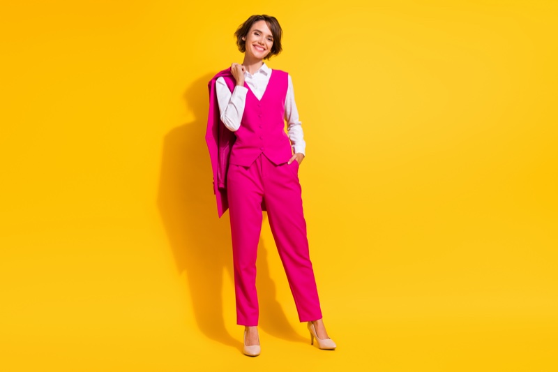 Woman Pink Pantsuit Vest Outfit
