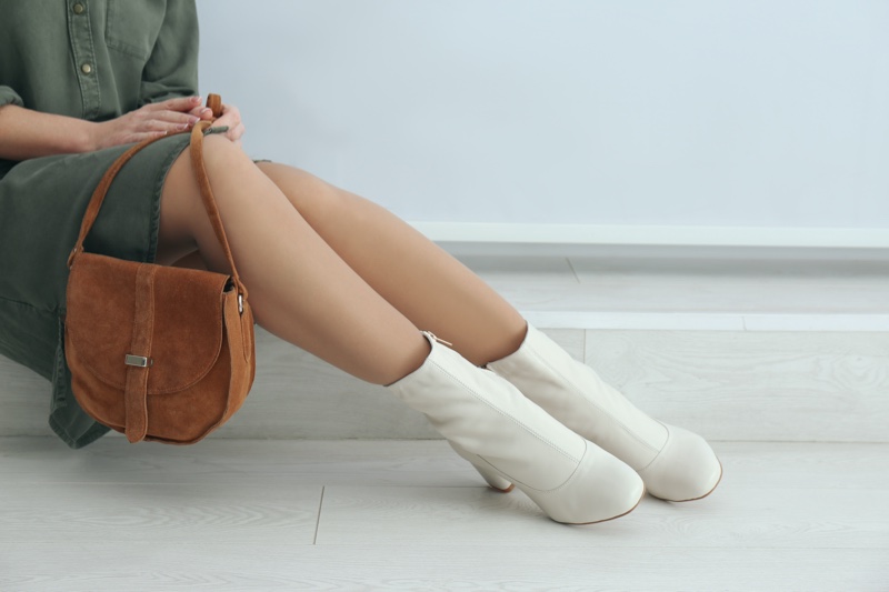 Woman White Boots Legs Brown Saddle Bag