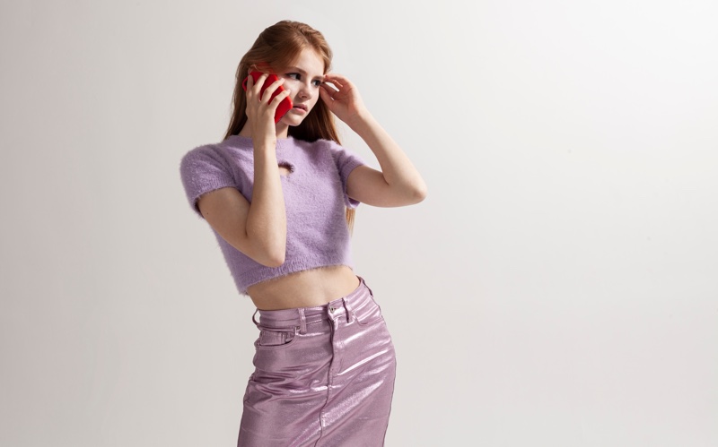 Y2K 2000s Style Purple Crop Top Metallic Skirt