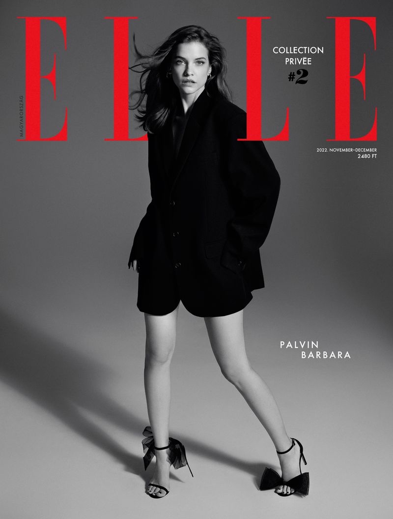 Photographed in black and white, Barbara Palvin poses on ELLE Hungary November-December 2022 Cover.
