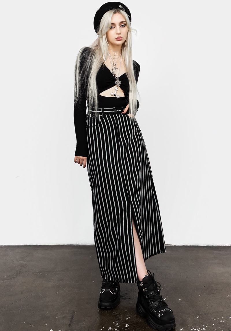 Disturbia Deranged Stripe Denim Maxi Skirt