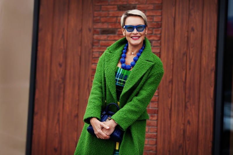 Fashionable Woman 50s Green Coat Statement Necklace