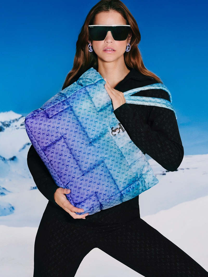 Jimmy Choo features padded tote bag in Snow Capsule winter 2022 campaign.