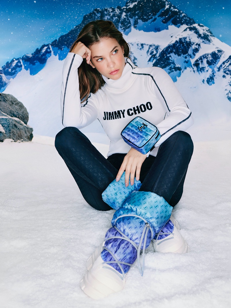 Barbara Palvin poses in knit top from Jimmy Choo Snow Capsule winter 2022 collection.