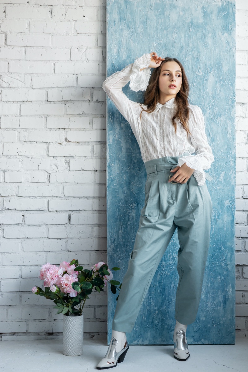 Lace Blouse High Waist Pants Silver Boots Outfit