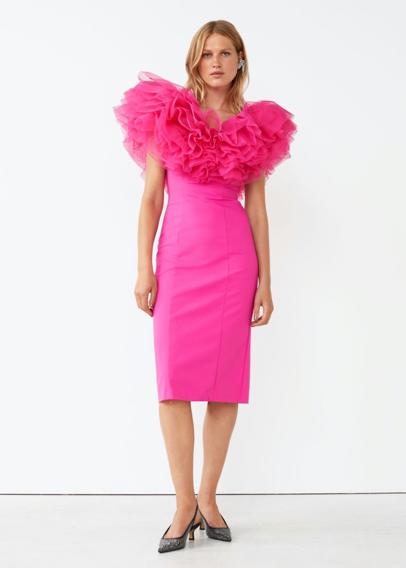 & Other Stories Multi Ruffled V-Neck Dress in Pink $249