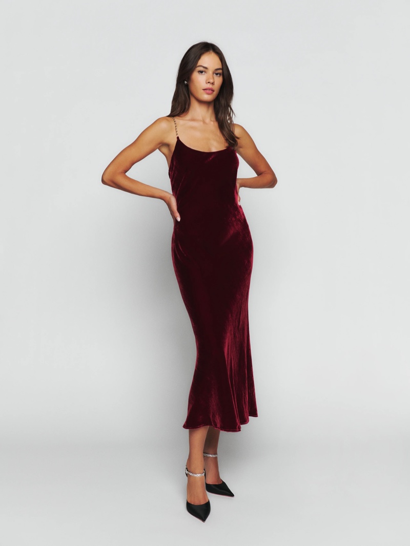 Reformation Ady Dress in Chianti Velvet $328