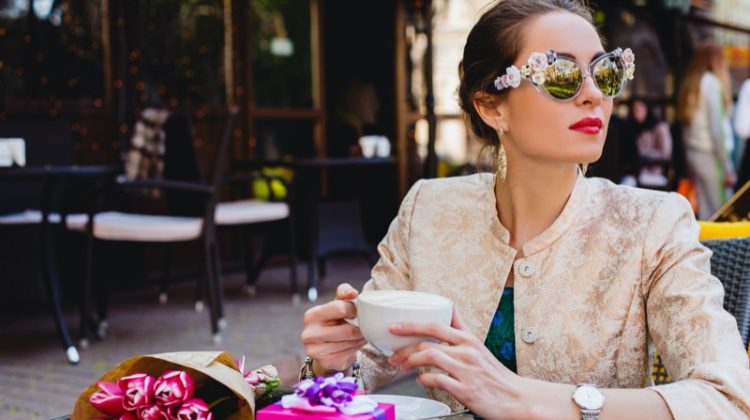 Woman Outdoor Cafe Style Sunglasses Flowers