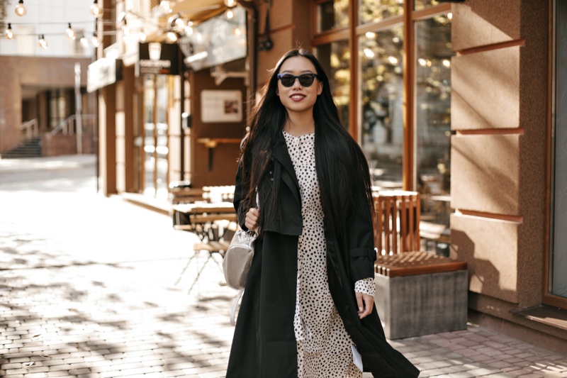 asian woman trench coat printed dress