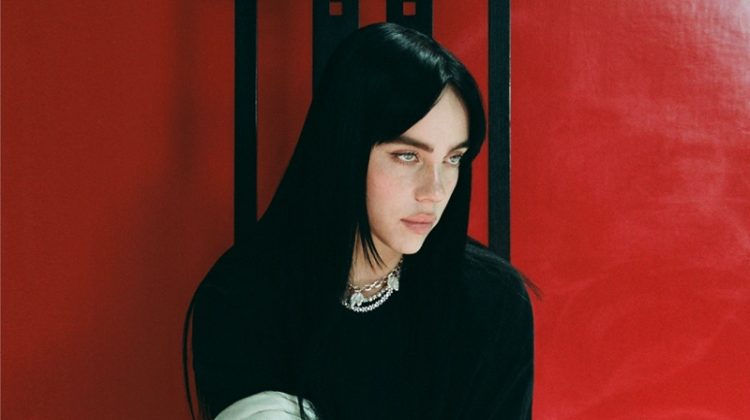 Billie Eilish poses in Marc Jacobs top, skirt, and stole.