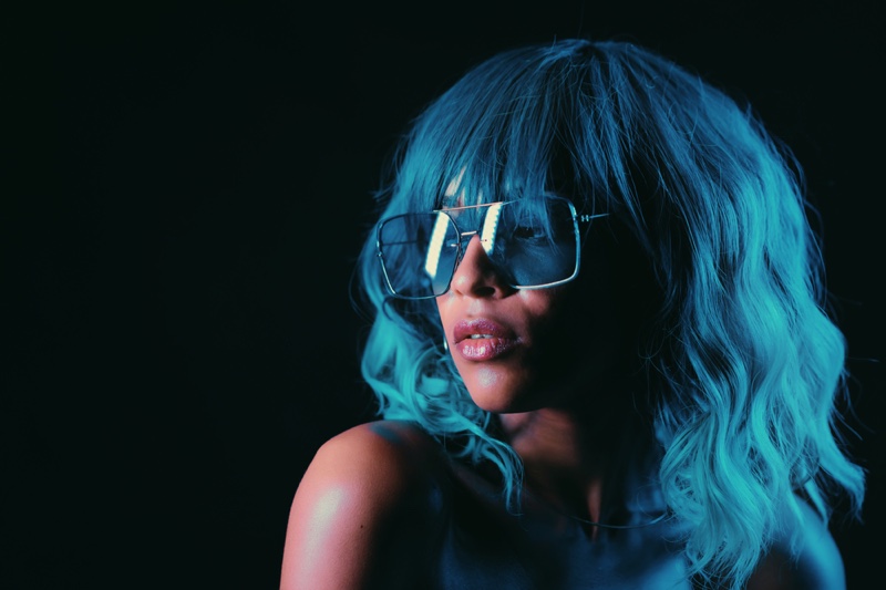 black woman blue wig sunglasses style