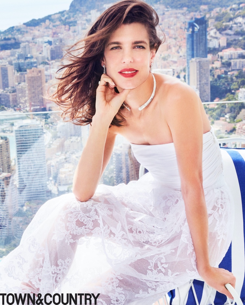 Charlotte Casiraghi wears a white Chanel dress for the fashion shoot.