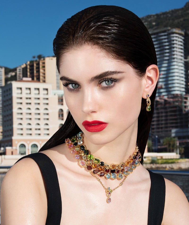 Gaia Schiralli models Dolce & Gabbana Fine Jewelry 2022 Rainbow collection.