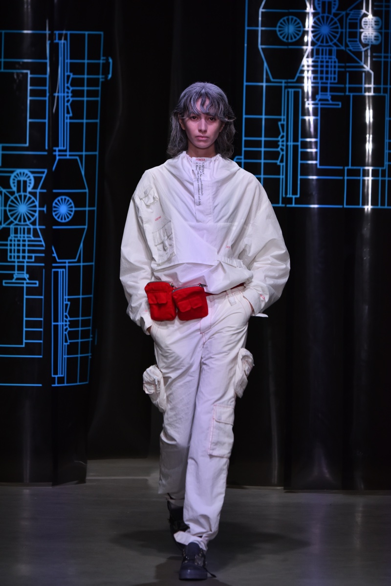 fashion model hoodie cargo pants runway