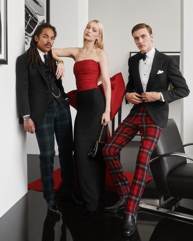 Taking the spotlight, Gigi Hadid poses with Luka Sabbat and Lucky Blue Smith for Ralph's Club Eau de Parfum Holiday 2022 campaign.