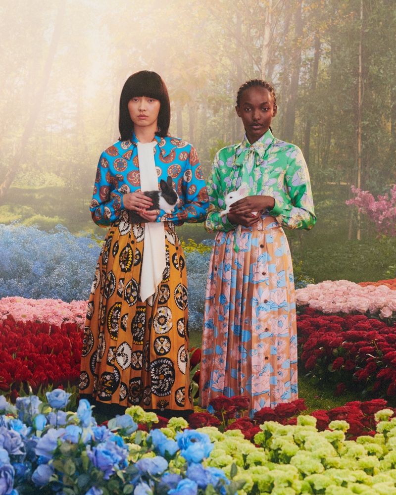 Silk blouses and colorful prints stand out in the Gucci Lunar New Year 2023 campaign.
