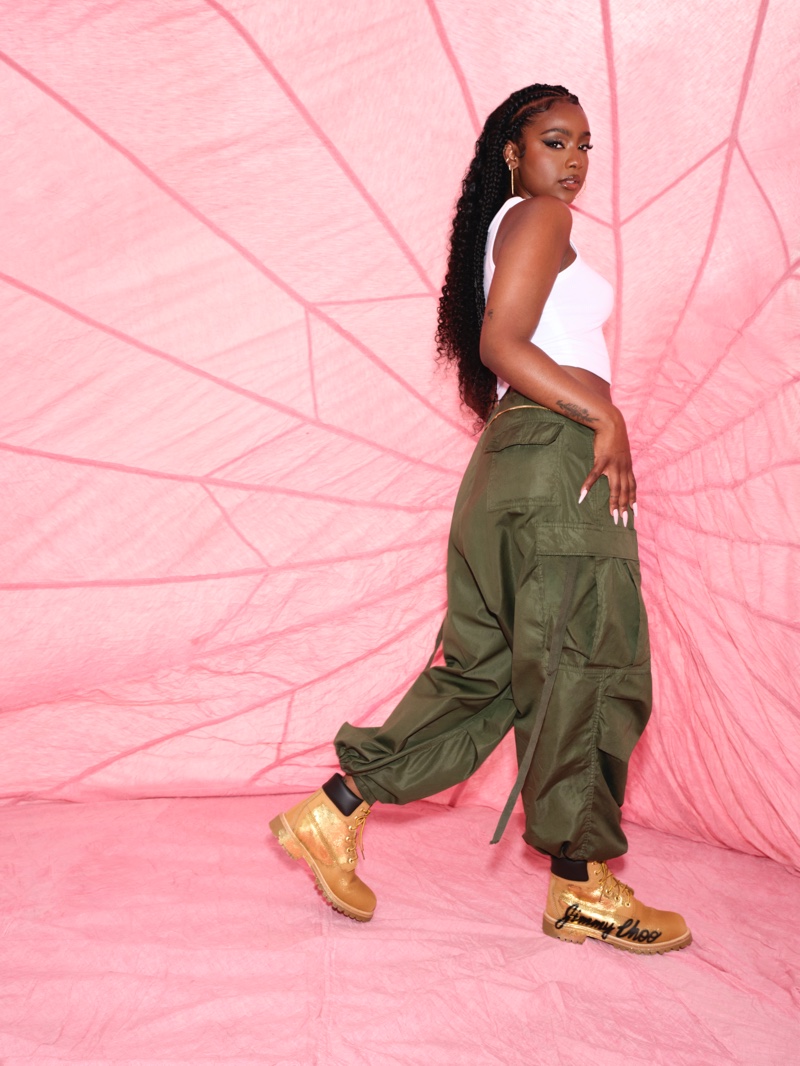 Justine Skye stars in Jimmy Choo x Timberland 2022 capsule collection campaign.