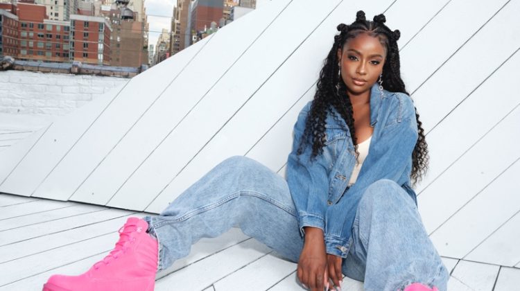 Rocking pink boots, Justine Skye fronts Jimmy Choo x Timberland 2022 capsule collection campaign.