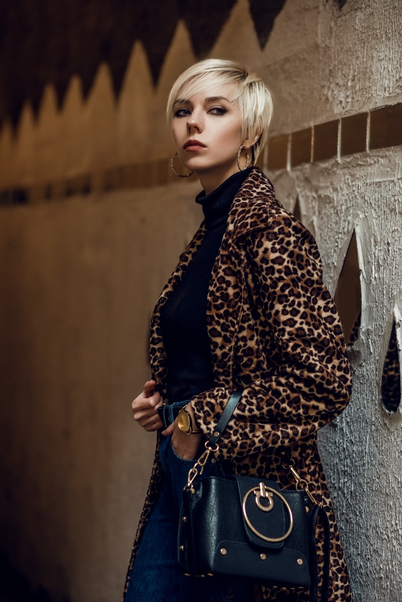 leopard faux fur coat black turtleneck outfit