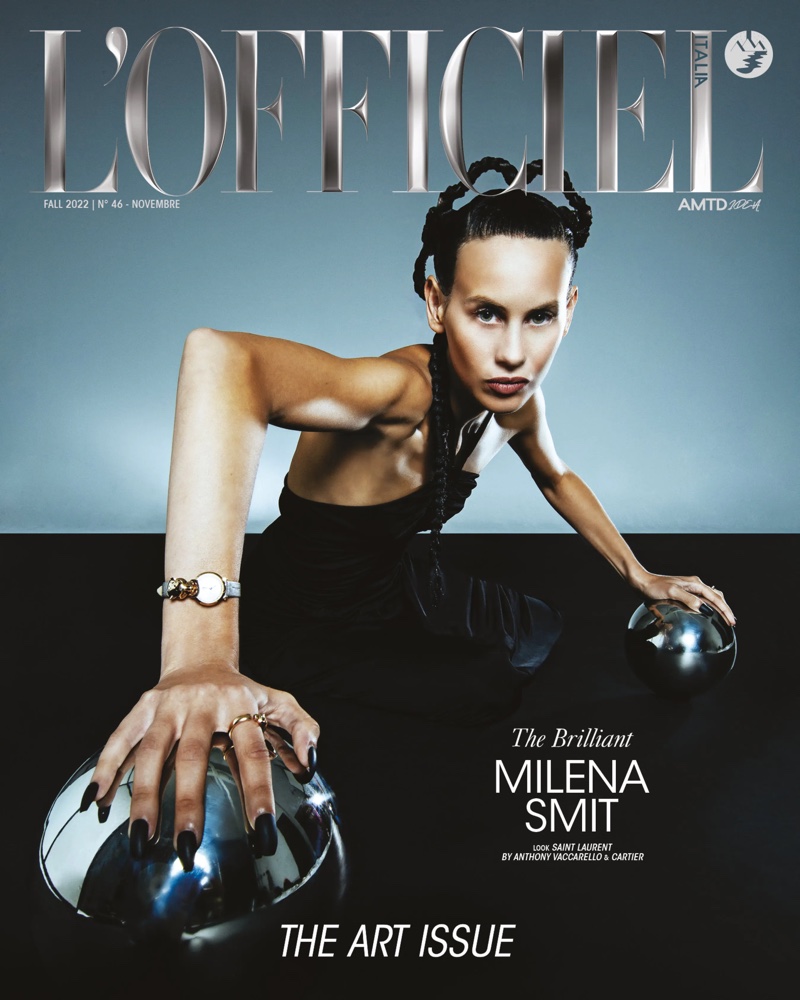 Actress Milena Smit, who was photographed by Ana Abril, graces the cover of L'Officiel Italia for November 2022. Anthony Vaccarello created this outfit for Saint Laurent, and the star of Parallel Mothers is shown wearing Cartier jewelry to accessorize it.