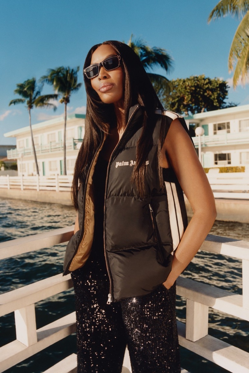 Supermodel Naomi Campbell wears puffer vest from 8 Moncler Palm Angels collection.