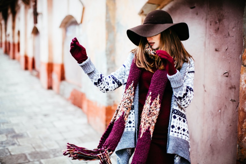 woman colorful scarf winter knit jacket
