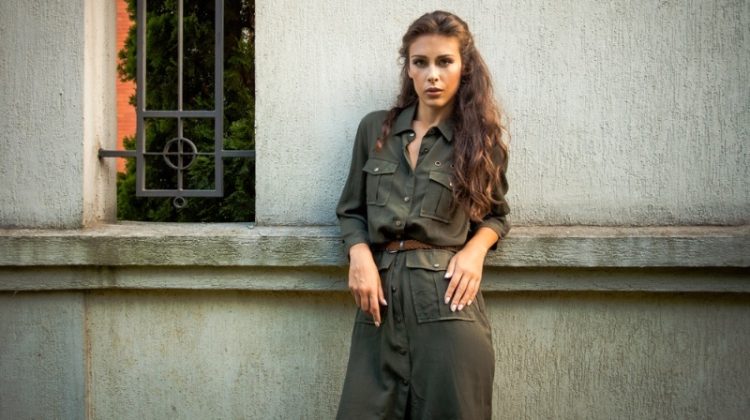 woman wearing military inspired dress