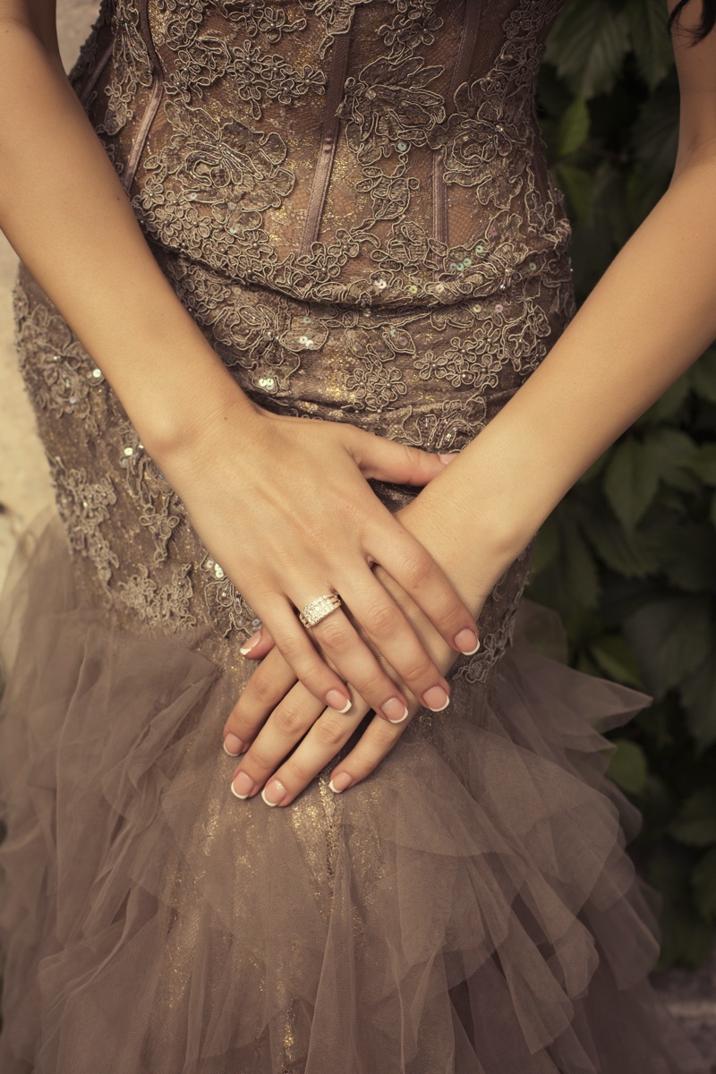 woman wedding ring wide embellished dress
