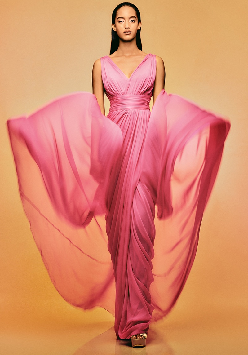 Draped in pink, Mona Tougaard fronts Alberta Ferretti spring-summer 2023 campaign.