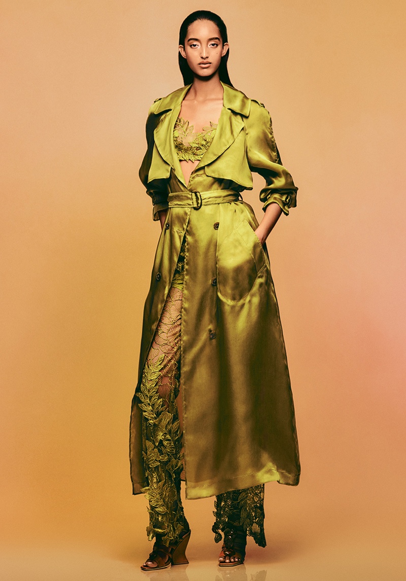 Mona Tougaard wears green trench coat in Alberta Ferretti spring-summer 2023 campaign.