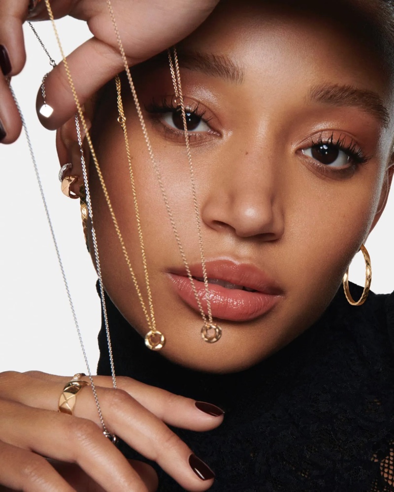 Posing with chain necklaces, Amandla Stenberg fronts Chanel Coco Crush fine jewelry 2023 campaign.