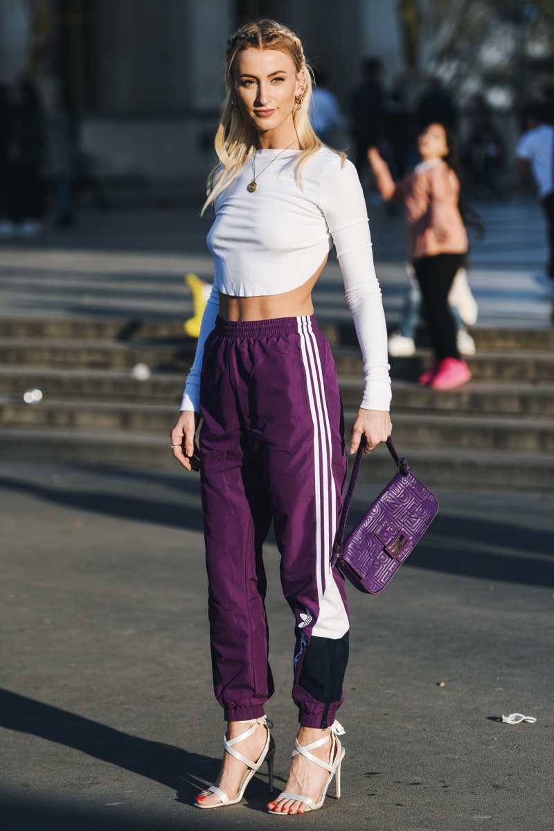 cropped top adidas track pants purple