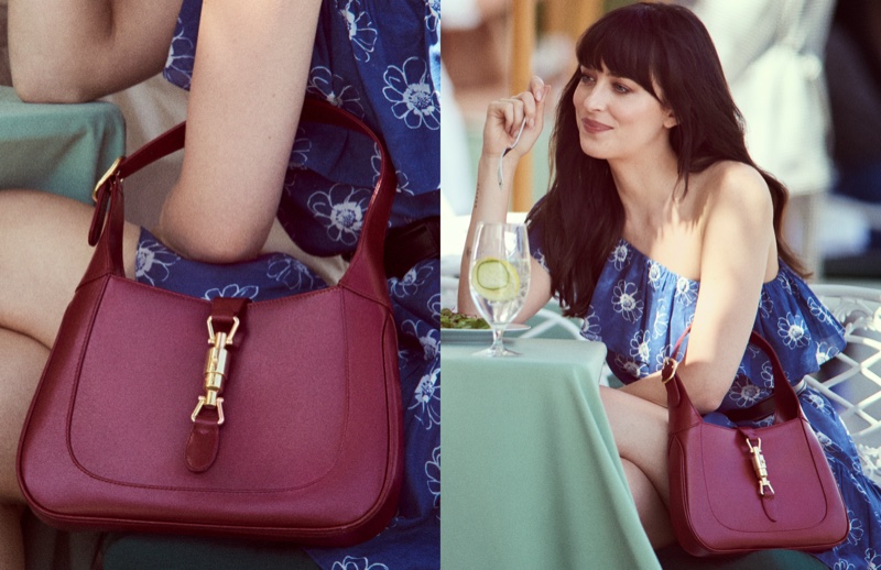 Posing in Los Angeles, Dakota Johnson fronts Gucci Jackie 1961 bag cruise 2023 campaign.