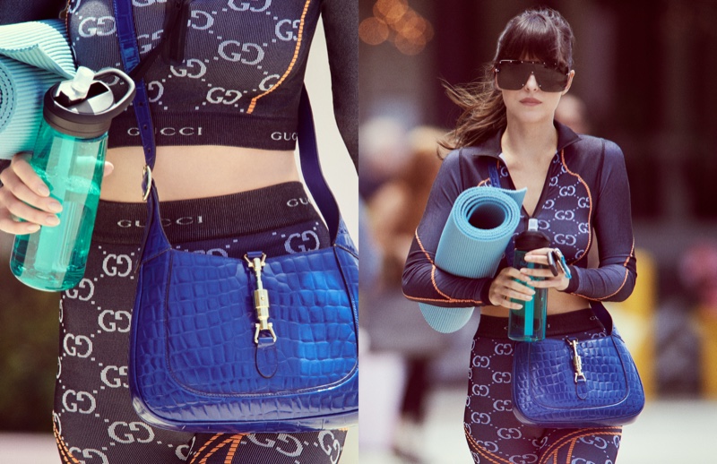 Dressed in a yoga outfit, Dakota Johnson poses for Gucci Jackie 1961 bag campaign.