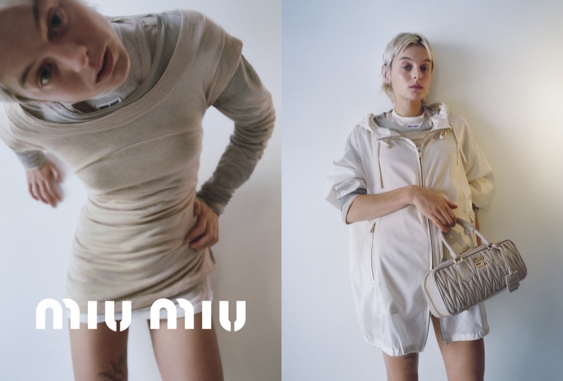 Emma Corrin poses in pale styles for Miu Miu spring-summer 2023 campaign.