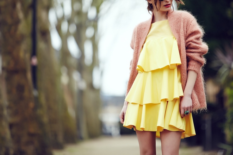 Fuzzy Pink Cardigan Yellow Ruffled Dress