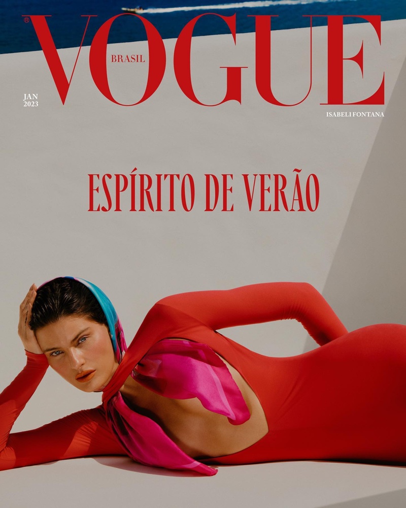Model Isabeli Fontana poses in Giorgio Armani for Vogue Brazil January 2023 cover.